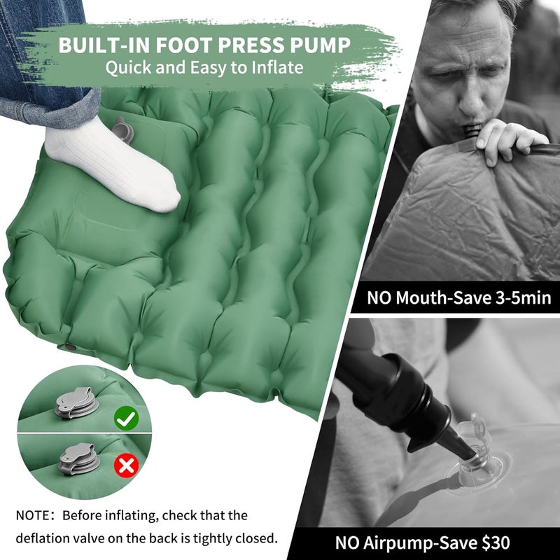 PACOONE Camping Sleeping Pad, Connectable Design for Double Mat, Ultralight Inflatable Sleeping Mat with Pillow, Built-in Foot Pump, Portable Camping Air Mattress for Backpacking Hiking Tent (Green) - Image 5